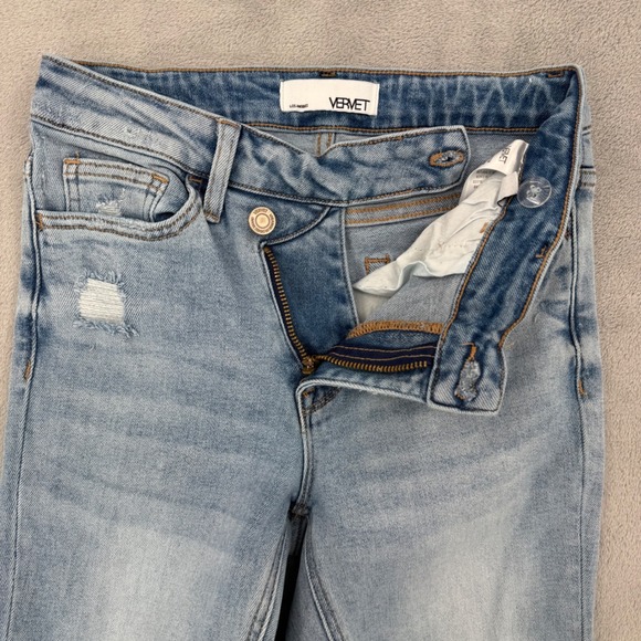 Vervet Los Angeles Crossover Waist Flare Jeans Light Wash Distressed Raw Hem 24 - Picture 6 of 13